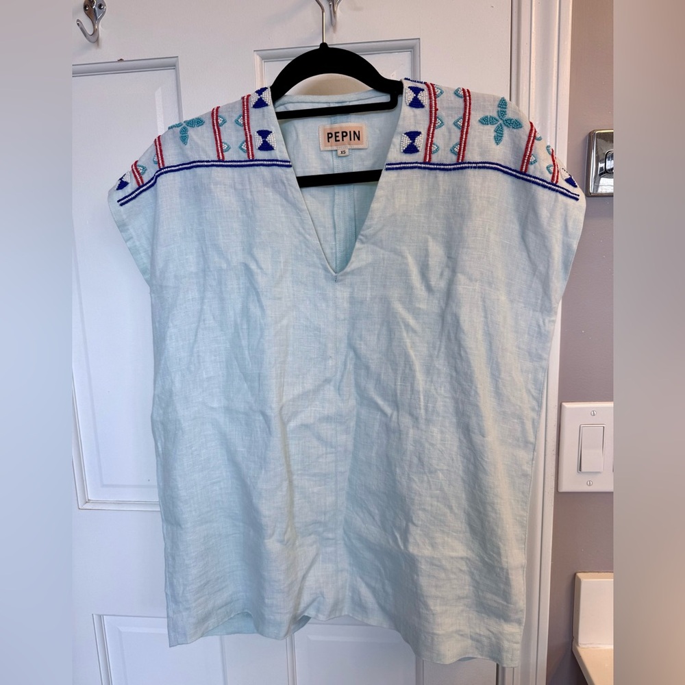 Anthropologie Pepin Linen Beaded Sleeveless Top Shirt Sleeveless Oversized